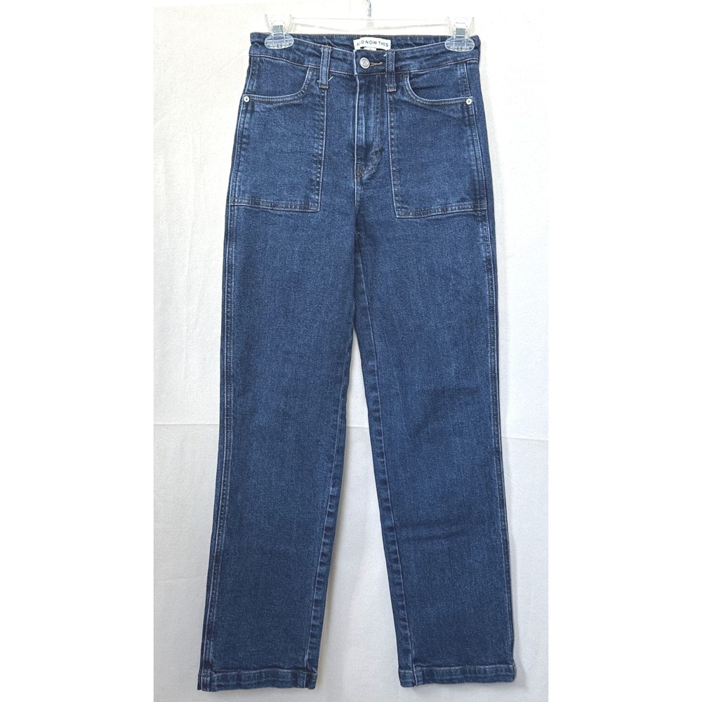 And Now This Womens Clean Girl Straight Leg Jeans Dark Wash Patch Pockets Sz. 25